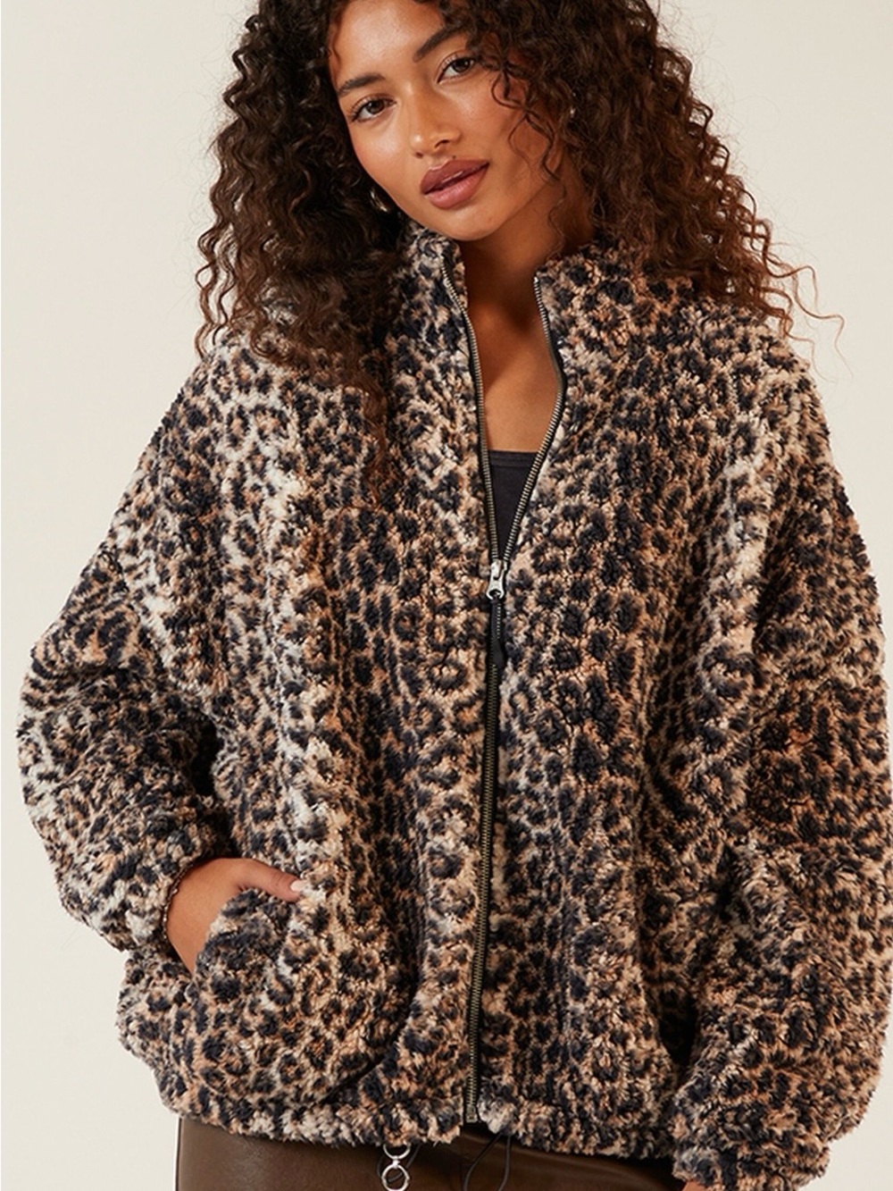 Pacsun Sherpa Cropped Zip Up Jacket Leopard Animal Print Women’s Size XS/S